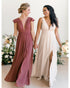 Sexy V-Neck Long Bridesmaid Dresses Cap Sleeves Chiffon Ruffles Wedding Party Gowns for Girls